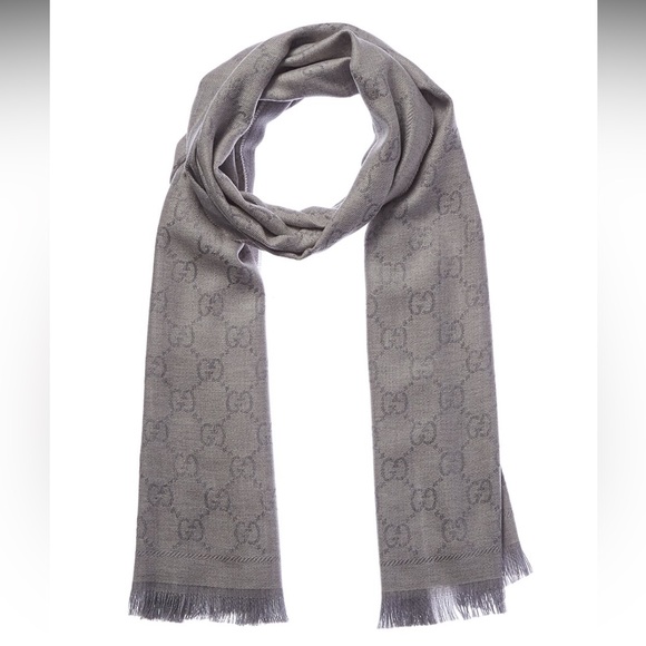 Authentic Gucci GG Jacquard Pattern Wool Scarf Gray - Picture 1 of 9